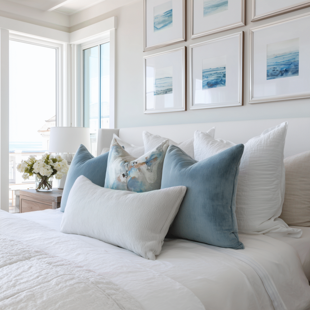 decorative soft blue pillows coastal decor